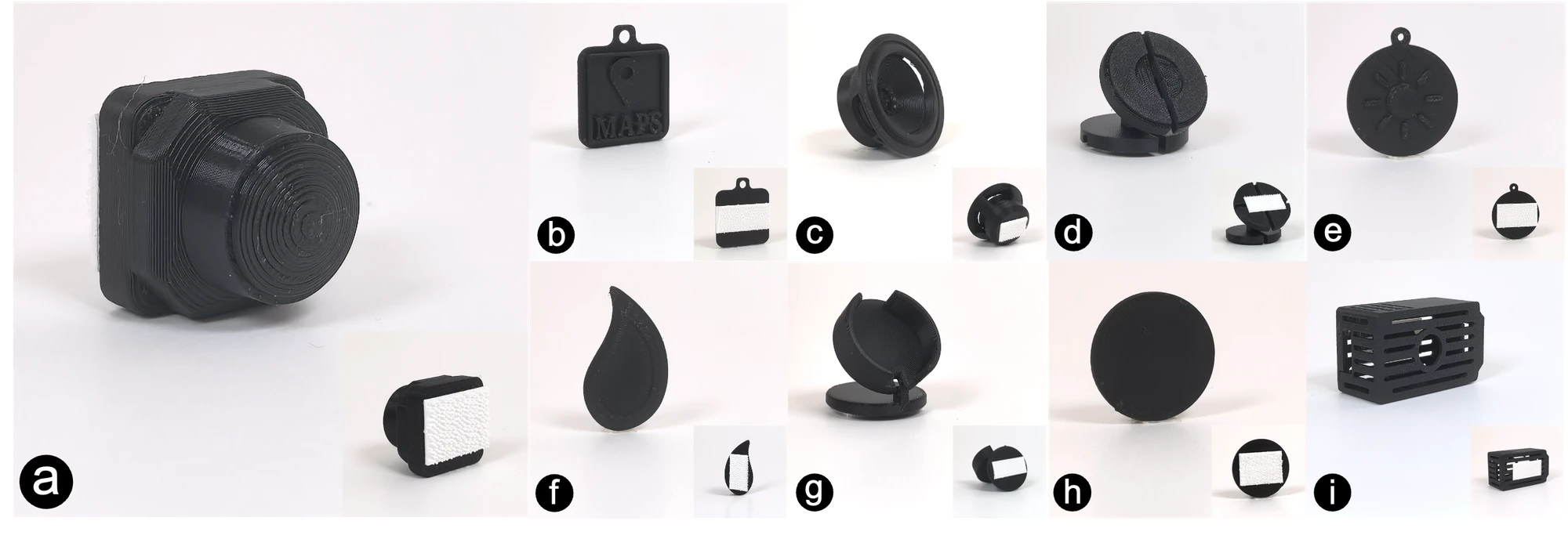Nine 3D-printed sensor mockups representing a camera, GPS, microphone, gesture, light, humidity, millimeter-wave radar, pressure, and temperature sensors