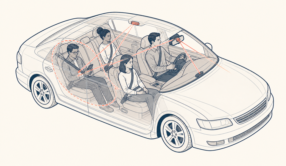 Line-art smart vehicle cabin with a sensor field entering a passenger's private space
